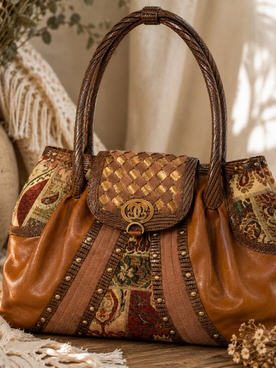 Sharif Handbags - Sharif Brown and Gold Patchwork Leather Shoulder Bag